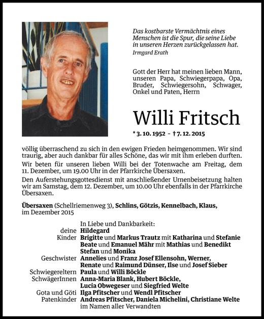 Todesanzeigen Von Willi Fritsch Todesanzeigen Vorarlberger Nachrichten