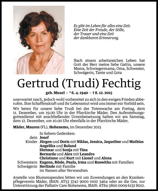 Todesanzeigen Von Gertrud Fechtig Todesanzeigen Vorarlberger Nachrichten