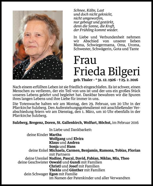 Todesanzeigen Von Frieda Bilgeri Todesanzeigen Vorarlberger Nachrichten