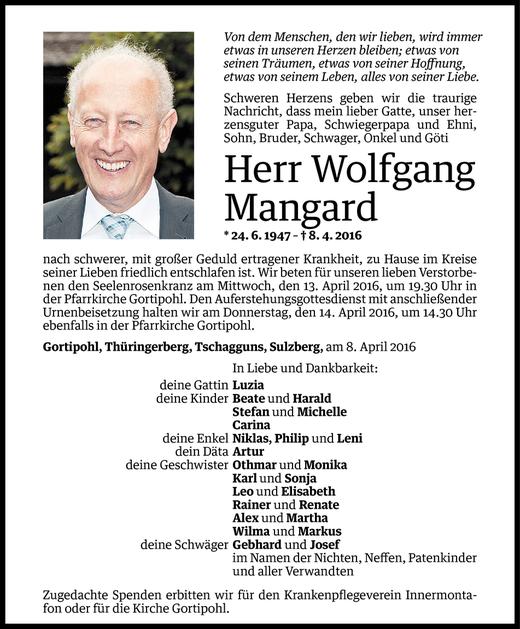 Todesanzeigen Von Wolfgang Mangard Todesanzeigen Vorarlberger Nachrichten