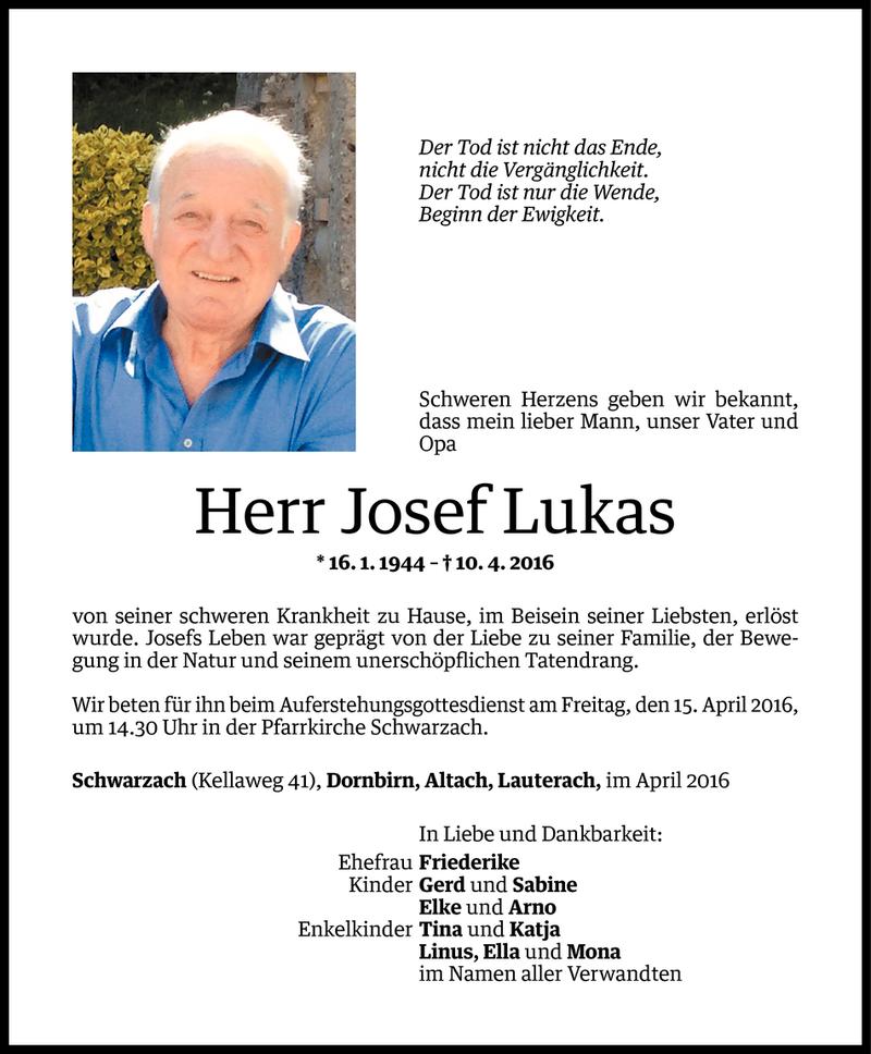 Todesanzeigen Von Josef Lukas Todesanzeigen Vorarlberger Nachrichten