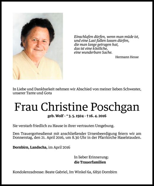 Todesanzeigen Von Christine Poschgan Todesanzeigen Vorarlberger