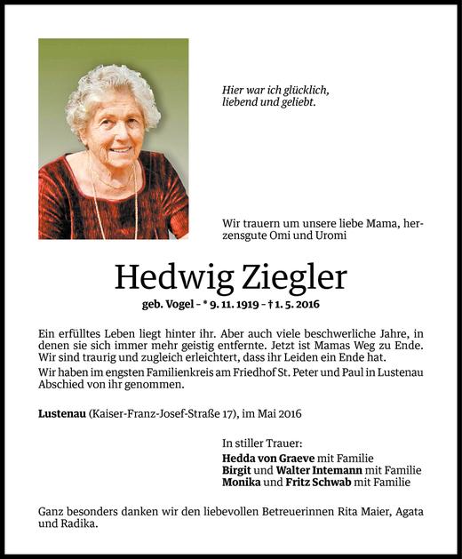 Todesanzeigen Von Hedwig Ziegler Todesanzeigen Vorarlberger Nachrichten