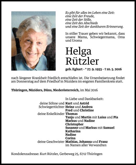 Todesanzeigen von Helga Rützler Todesanzeigen Vorarlberger Nachrichten