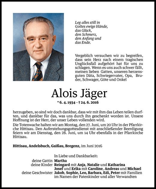 Todesanzeigen von Alois Jäger Todesanzeigen Vorarlberger Nachrichten