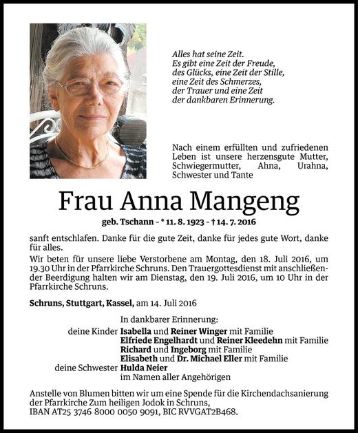 Todesanzeigen Von Anna Mangeng Todesanzeigen Vorarlberger Nachrichten