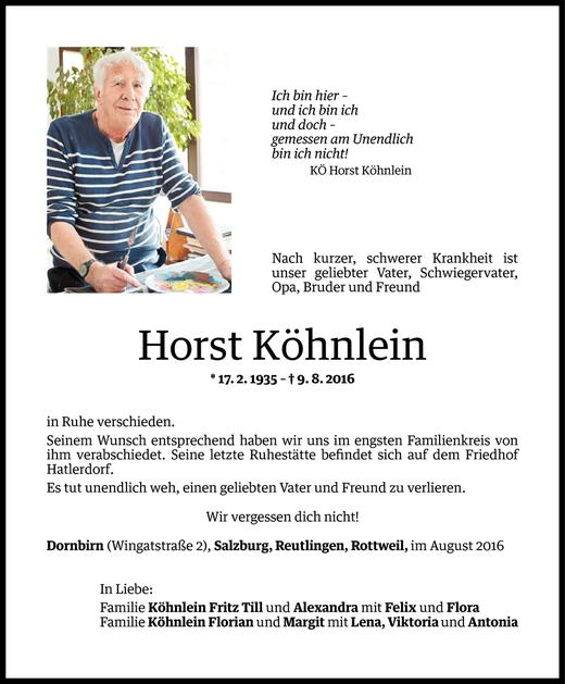 Todesanzeigen Von Horst K Hnlein Todesanzeigen Vorarlberger Nachrichten