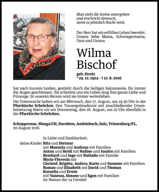 Todesanzeigen Von Wilma Bischof Todesanzeigen Vorarlberger Nachrichten