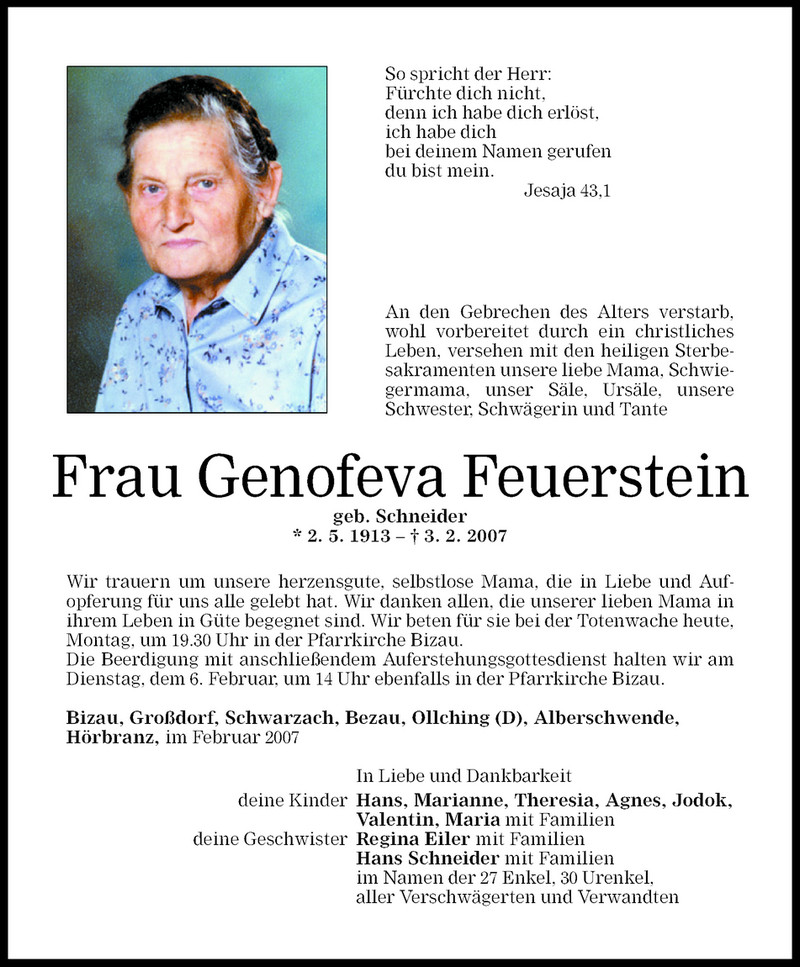 Todesanzeigen Von Genofeva Feuerstein Todesanzeigen Vorarlberger