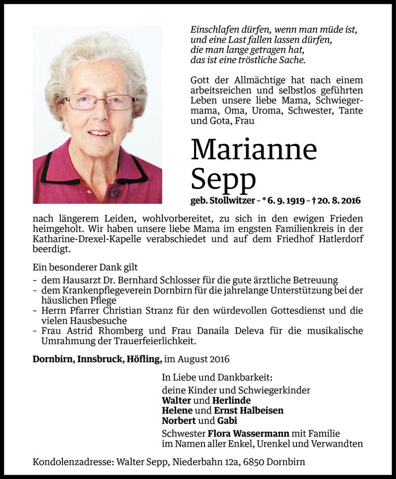 Todesanzeigen Von Marianne Sepp Todesanzeigen Vorarlberger Nachrichten