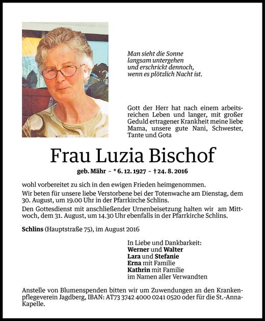 Todesanzeigen Von Luzia Bischof Todesanzeigen Vorarlberger Nachrichten