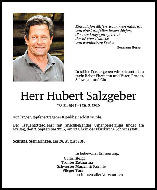 Todesanzeigen Von Hubert Salzgeber Todesanzeigen Vorarlberger Nachrichten