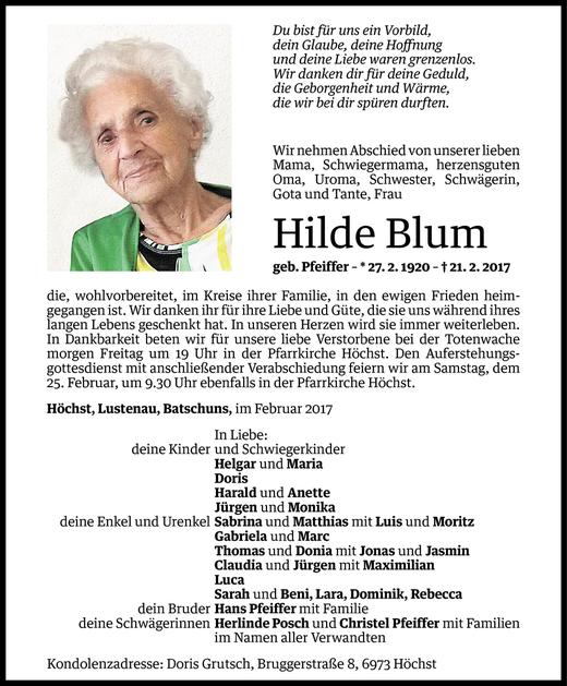 Todesanzeigen Von Hilde Blum Todesanzeigen Vorarlberger Nachrichten