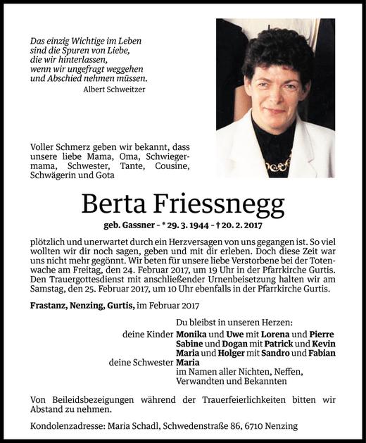 Todesanzeigen Von Berta Friessnegg Todesanzeigen Vorarlberger Nachrichten