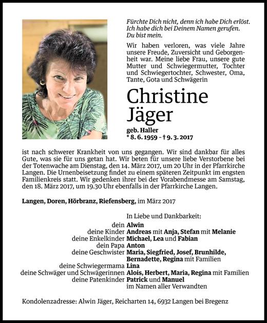 Todesanzeigen von Christine Jäger Todesanzeigen Vorarlberger Nachrichten