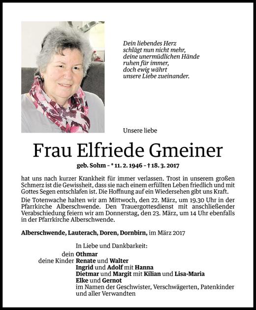 Todesanzeigen Von Elfriede Gmeiner Todesanzeigen Vorarlberger Nachrichten