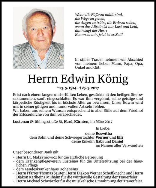 Todesanzeigen von Edwin König Todesanzeigen Vorarlberger Nachrichten