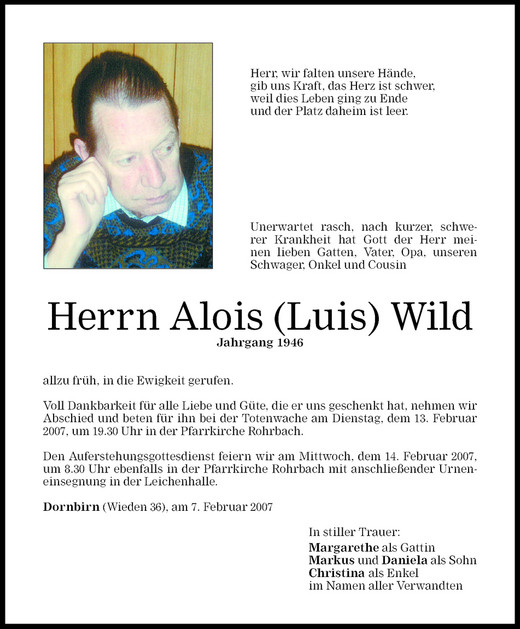 Todesanzeigen Von Alois Luis Wild Todesanzeigen Vorarlberger