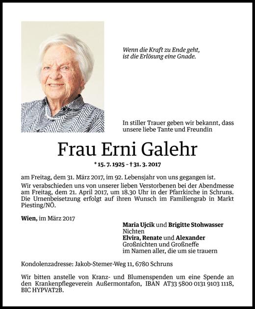 Todesanzeigen Von Erni Galehr Todesanzeigen Vorarlberger Nachrichten