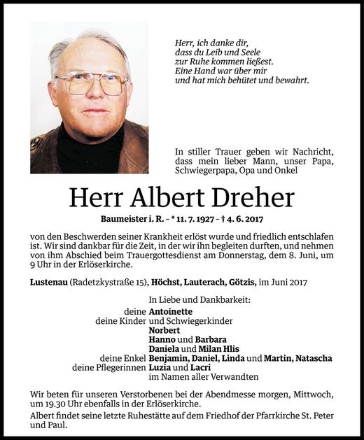 Todesanzeigen Von Albert Dreher Todesanzeigen Vorarlberger Nachrichten