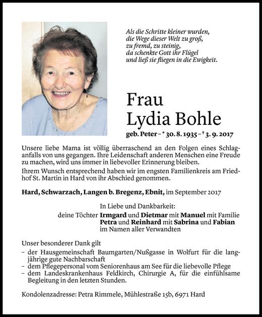 Todesanzeigen Von Lydia Bohle Todesanzeigen Vorarlberger Nachrichten