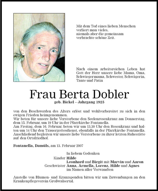 Todesanzeigen Von Berta Dobler Todesanzeigen Vorarlberger Nachrichten