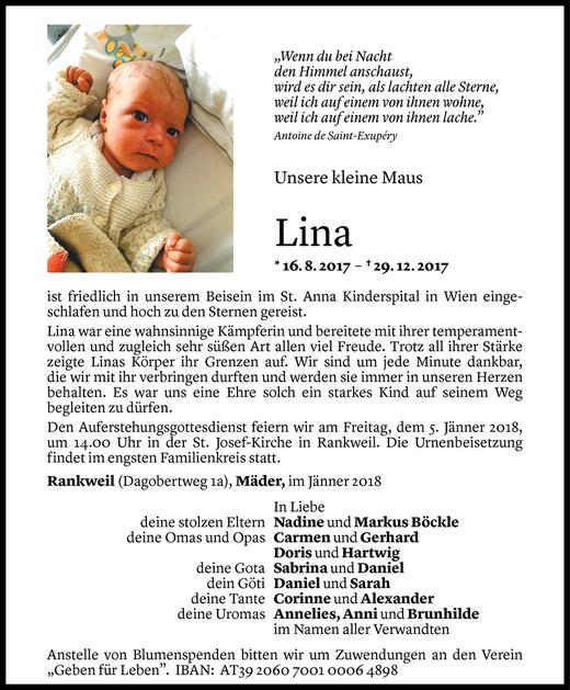 Todesanzeigen von Lina Böckle Todesanzeigen Vorarlberger Nachrichten