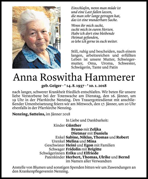 Todesanzeigen Von Anna Roswitha Hammerer Todesanzeigen Vorarlberger