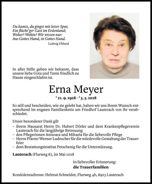 Todesanzeigen Von Erna Meyer Todesanzeigen Vorarlberger Nachrichten