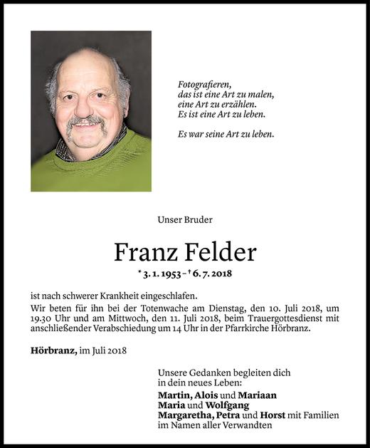 Todesanzeigen Von Franz Felder Todesanzeigen Vorarlberger Nachrichten