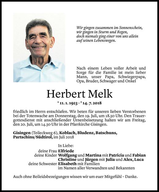 Todesanzeigen Von Herbert Melk Todesanzeigen Vorarlberger Nachrichten