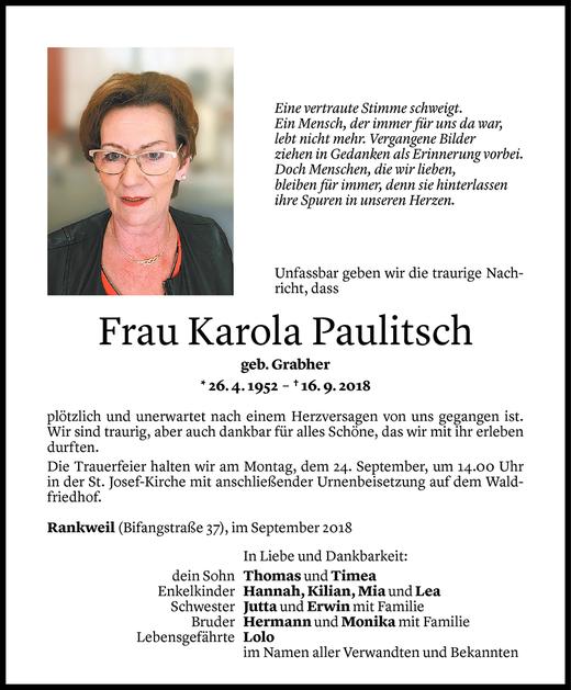 Todesanzeigen Von Karola Paulitsch Todesanzeigen Vorarlberger Nachrichten