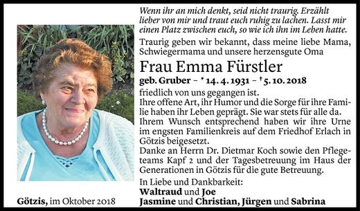 Todesanzeigen von Emma Fürstler Todesanzeigen Vorarlberger Nachrichten