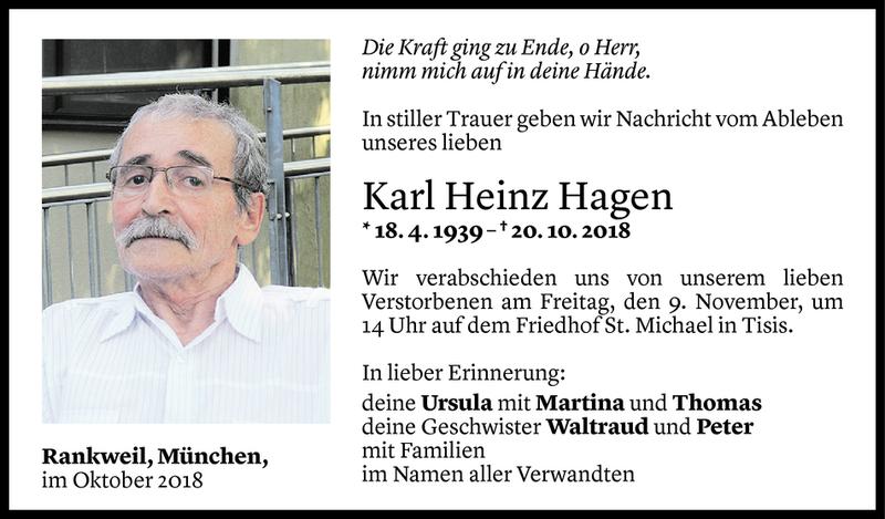 Todesanzeigen Von Karl Heinz Hagen Todesanzeigen Vorarlberger Nachrichten