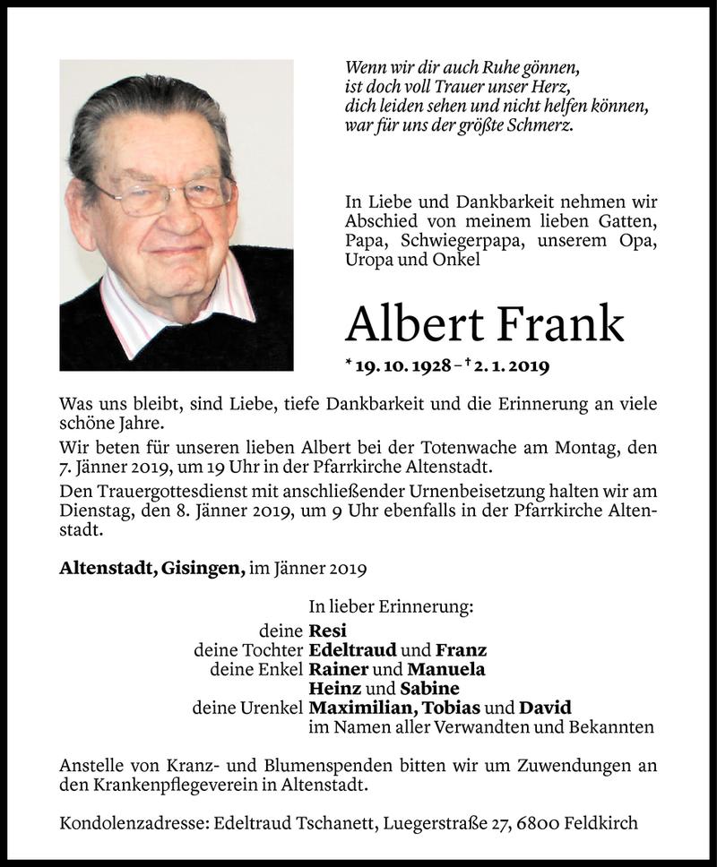 Todesanzeigen Von Albert Frank Todesanzeigen Vorarlberger Nachrichten