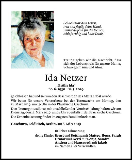 Todesanzeigen Von Ida Netzer Todesanzeigen Vorarlberger Nachrichten