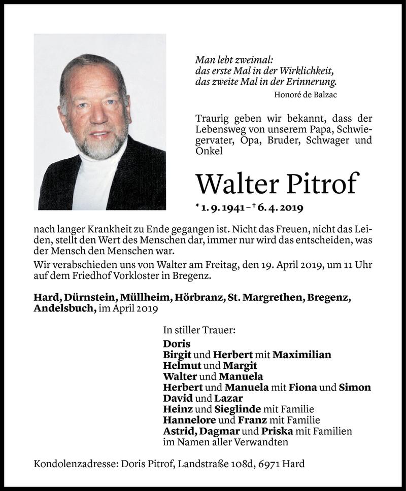 Todesanzeigen Von Walter Pitrof Todesanzeigen Vorarlberger Nachrichten