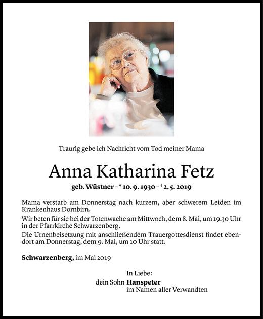 Todesanzeigen Von Anna Katharina Fetz Todesanzeigen Vorarlberger