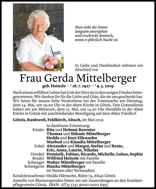 Todesanzeigen Von Gerda Mittelberger Todesanzeigen Vorarlberger