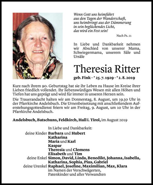 Todesanzeigen Von Theresia Ritter Todesanzeigen Vorarlberger Nachrichten