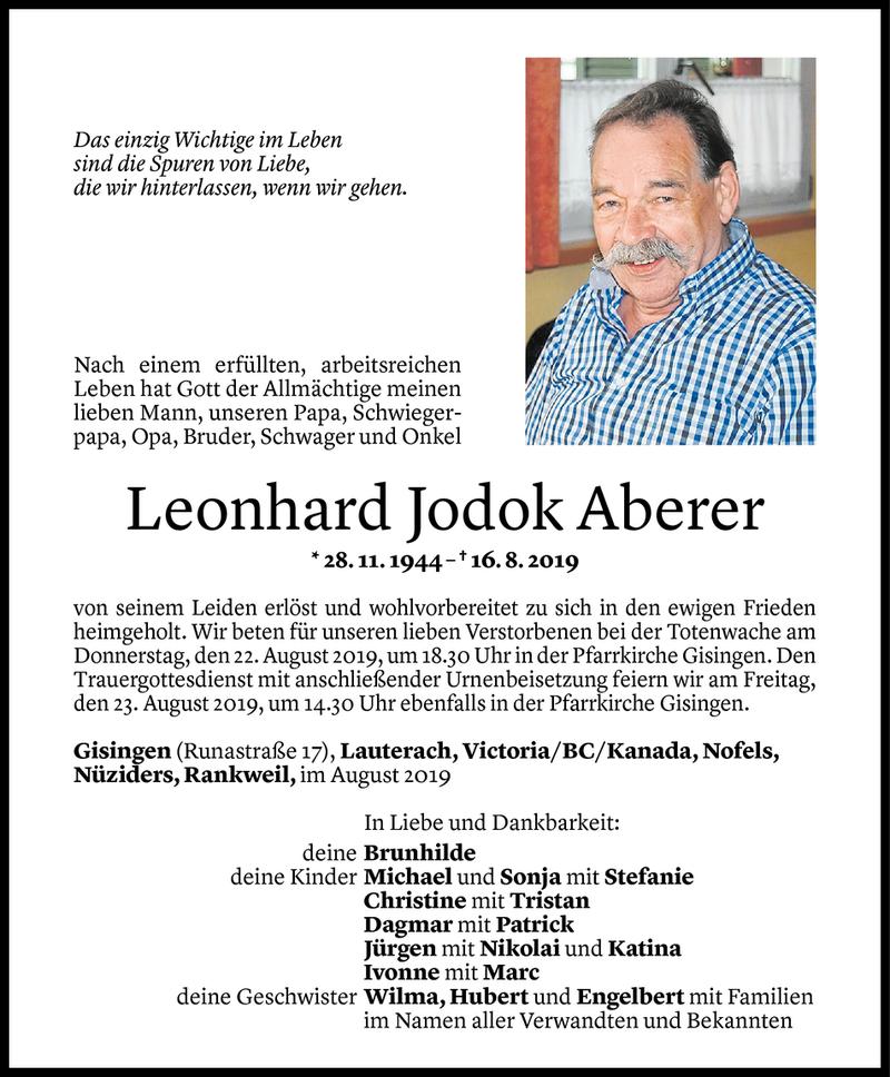 Todesanzeigen Von Leonhard Jodok Aberer Todesanzeigen Vorarlberger