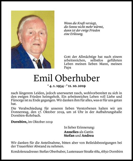 Todesanzeigen Von Emil Oberhuber Todesanzeigen Vorarlberger Nachrichten