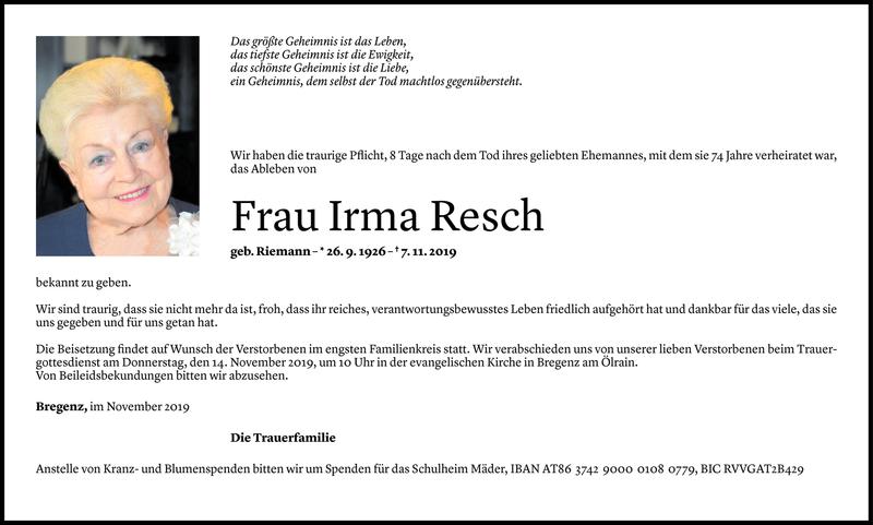 Todesanzeigen Von Irma Resch Todesanzeigen Vorarlberger Nachrichten