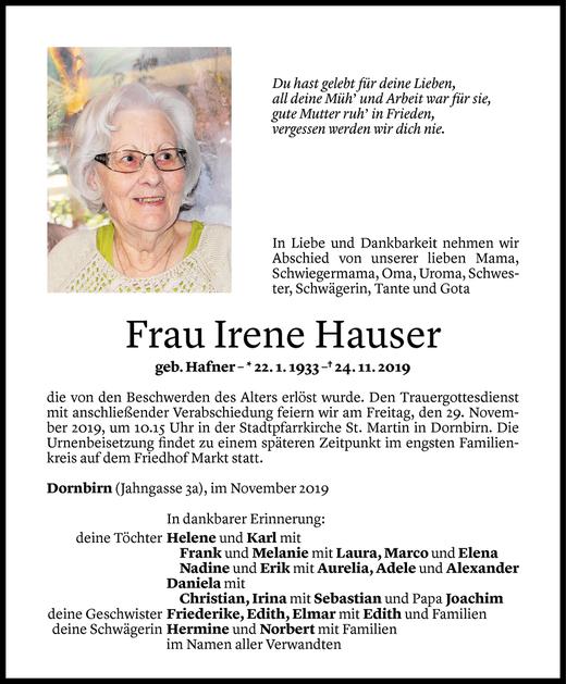 Todesanzeigen Von Irene Hauser Todesanzeigen Vorarlberger Nachrichten