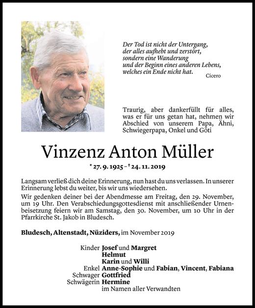 Todesanzeigen von Vinzenz Anton Müller Todesanzeigen Vorarlberger