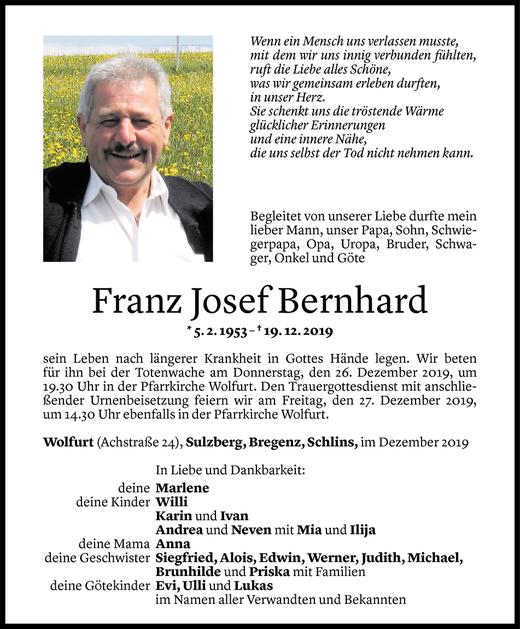 Todesanzeigen Von Franz Josef Bernhard Todesanzeigen Vorarlberger