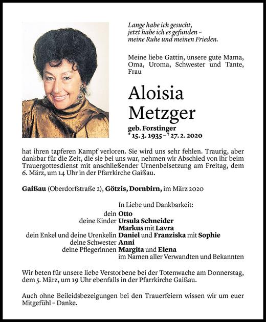 Todesanzeigen Von Aloisia Metzger Todesanzeigen Vorarlberger Nachrichten