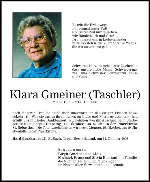 Todesanzeigen Von Klara Gmeiner Todesanzeigen Vorarlberger Nachrichten