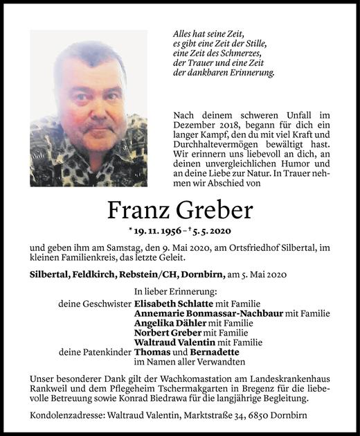 Todesanzeigen Von Franz Greber Todesanzeigen Vorarlberger Nachrichten