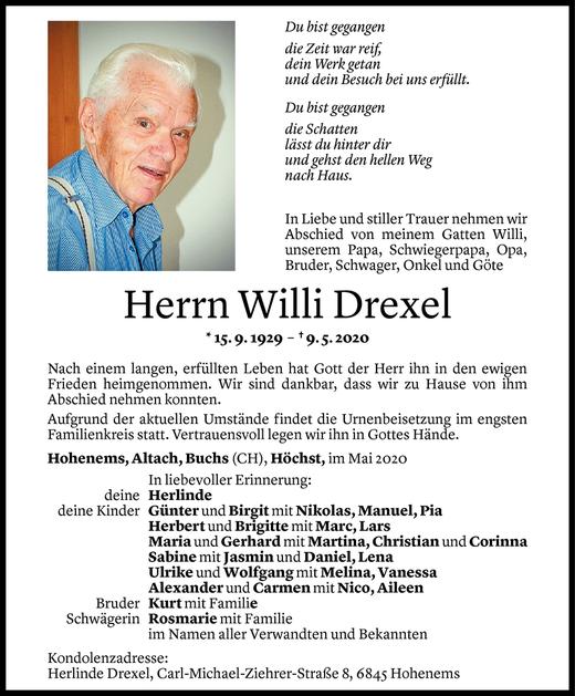 Todesanzeige von Willi Drexel von Vorarlberger Nachrichten